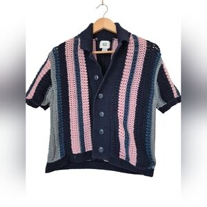 BDG Striped Button-Down Short Sleeve Polo Crochet Sweater XS